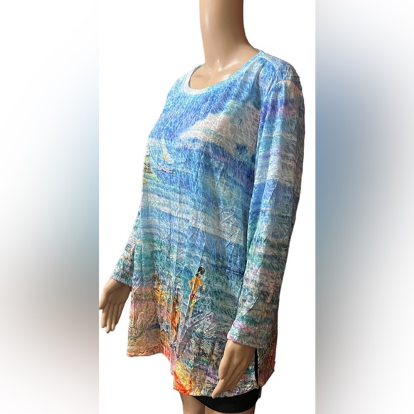 NWT Ali Miles Burn Out Crinkle Knit Plus Sz 3/4 Sleeve Hi-Low Hem Printed Tunic - Picture 3 of 9